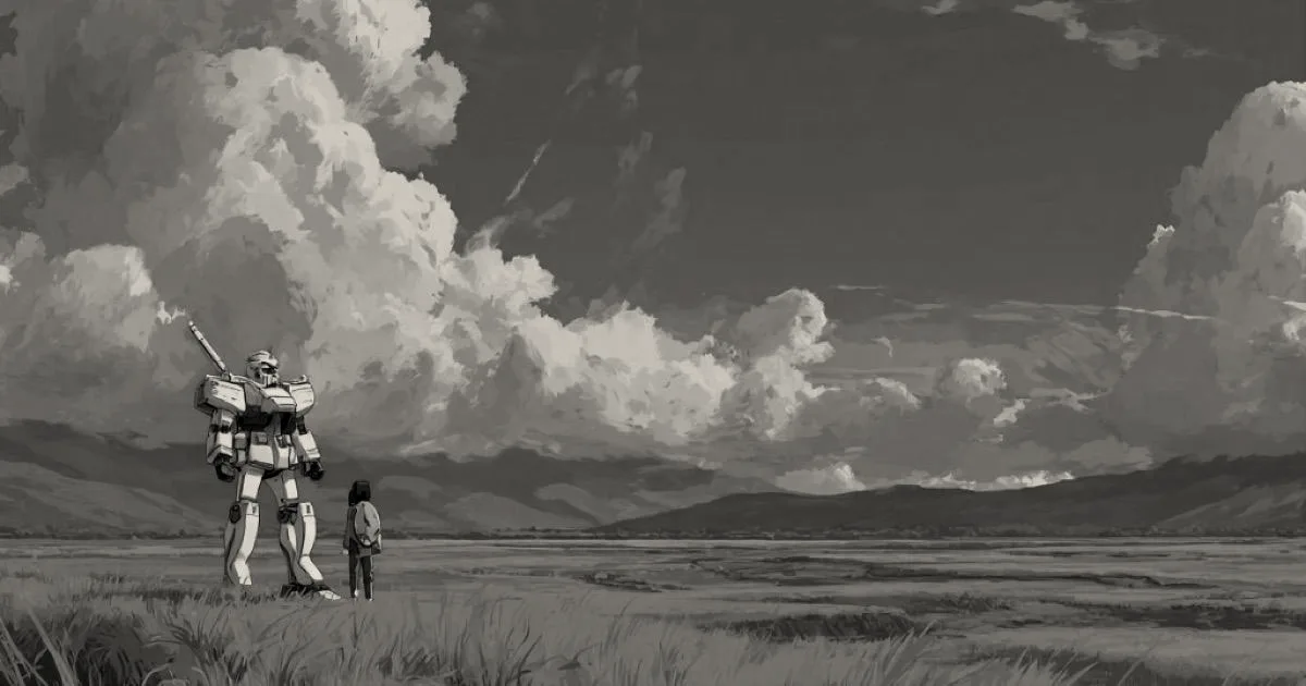 An anime-style illustration of a giant robot and a person standing in a wide grassy field under cloudy skies.