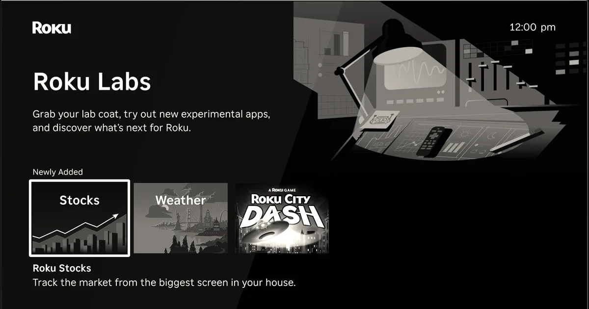 A television screen displaying the Roku Labs interface featuring experimental apps like Stocks and Weather.