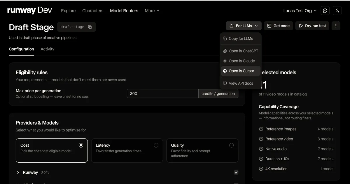Runway Dev software interface showing the Draft Stage configuration screen for AI model routing with pricing rules and provider options.