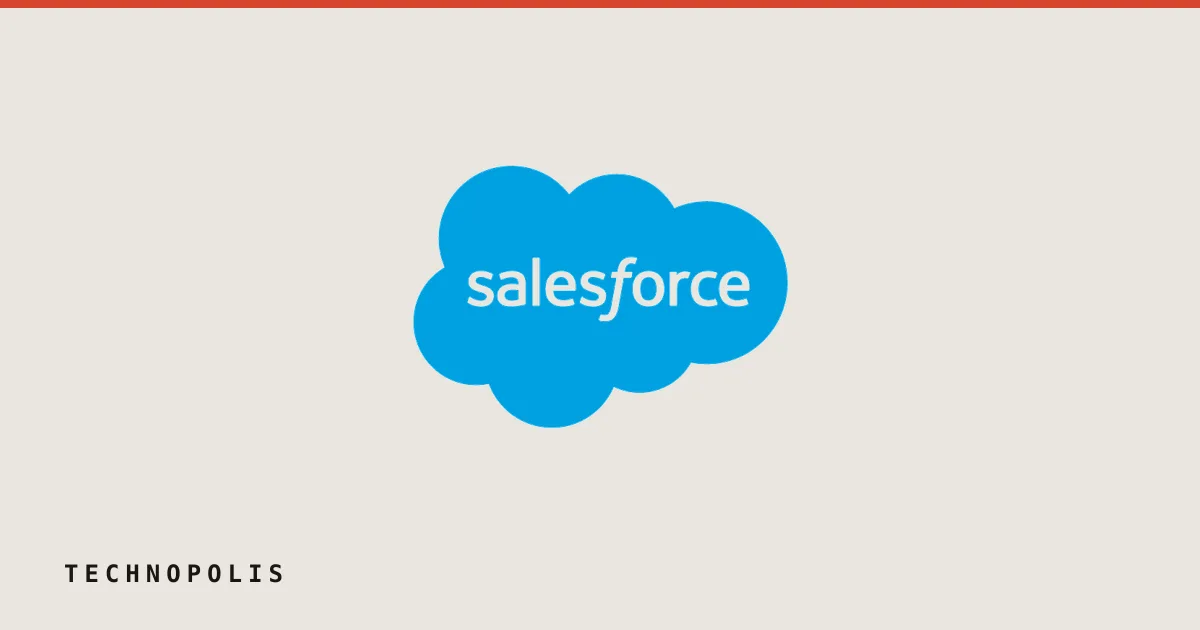 Salesforce cloud logo with blue cloud background and white lettering on a clean white field.
