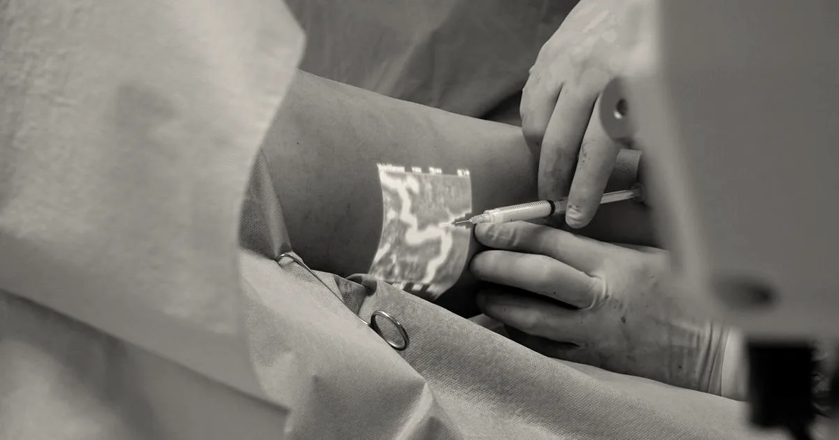 A doctor performs a medical procedure using advanced vein visualization technology.