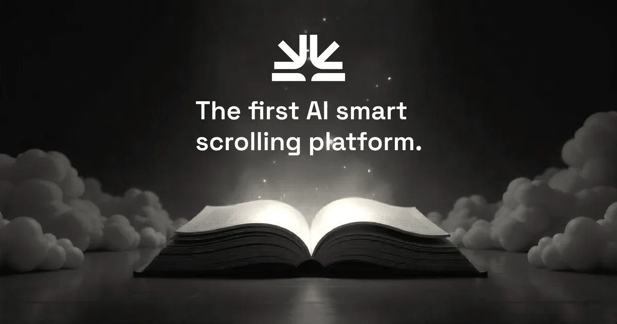 An open glowing book with clouds and text reading The first AI smart scrolling platform beneath a logo.