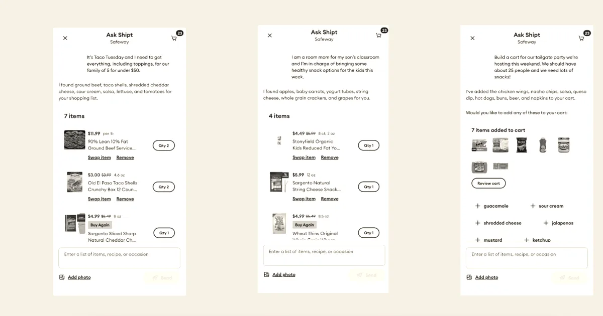 Three screenshots of the Ask Shipt AI conversational grocery shopping assistant showing food recommendations and cart items