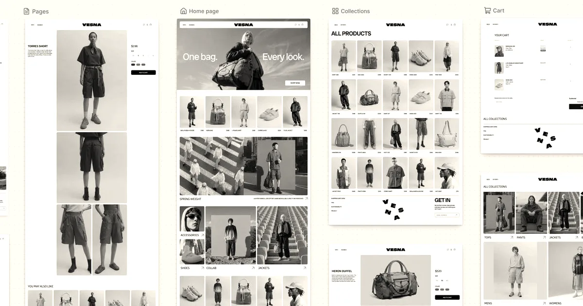 Screenshots of Shopify website design layouts featuring clothing collections and product mockups on desktop screens