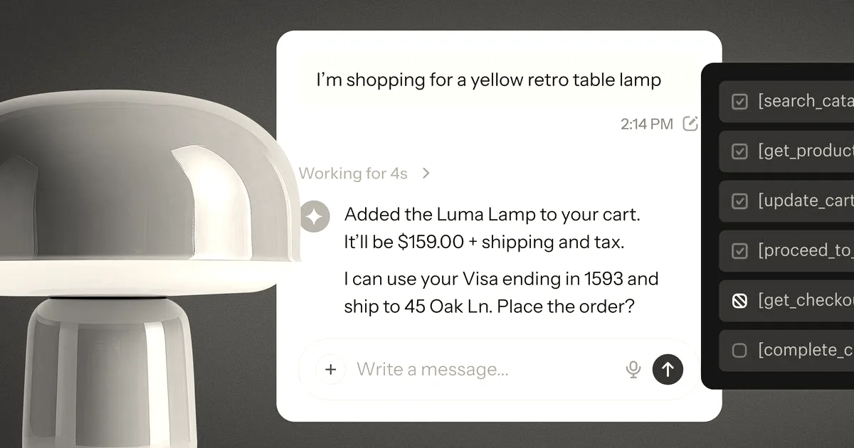 An AI assistant interface executing automated checkout steps next to a yellow retro lamp