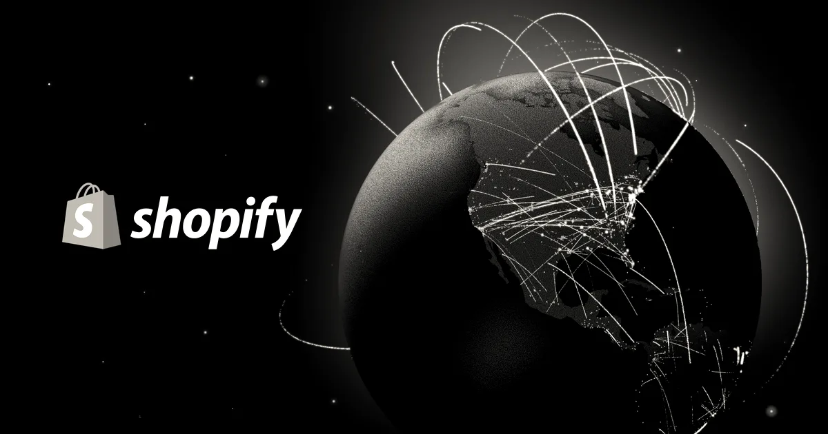 Shopify logo next to an illuminated globe showing glowing data connection lines across North America
