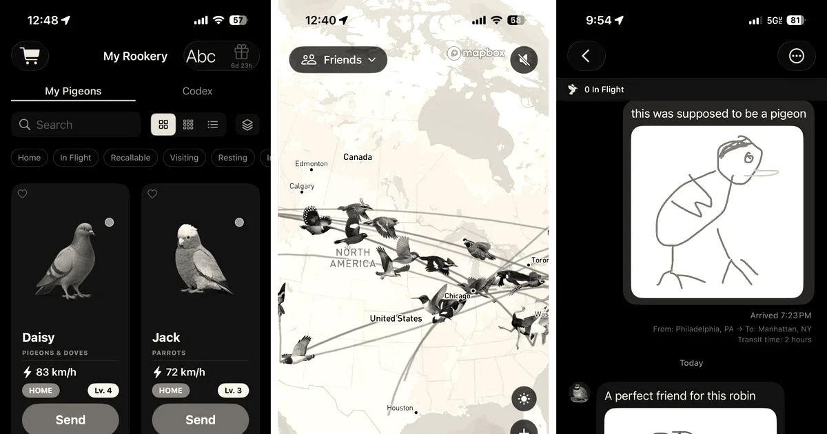 Screenshots of the Roosting mobile app showing pigeon tracking maps, rookery profiles, and message views.