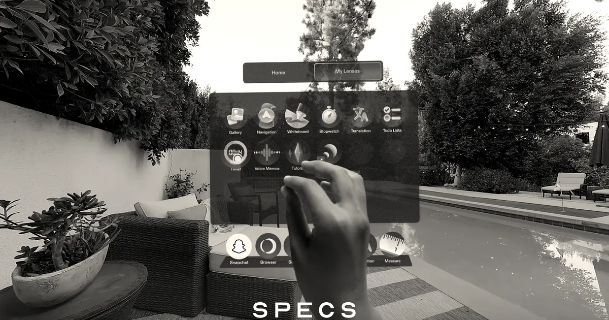 First-person view of augmented reality smart glasses interface displaying app icons over a backyard swimming pool scene.