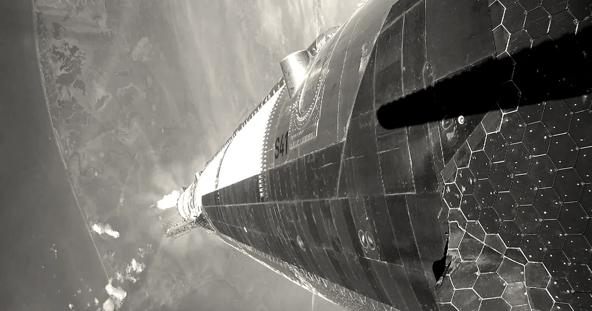 SpaceX Starship rocket climbing into space above Earth with telemetry graphics displayed along the bottom edge