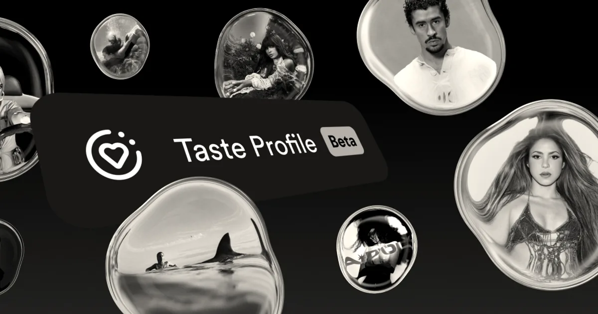 Spotify Taste Profile feature graphic showing artist bubbles surrounding a Taste Profile Beta badge