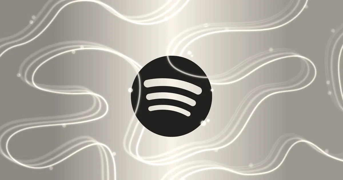 Spotify logo in a dark green circle surrounded by luminous flowing waves on a gradient background