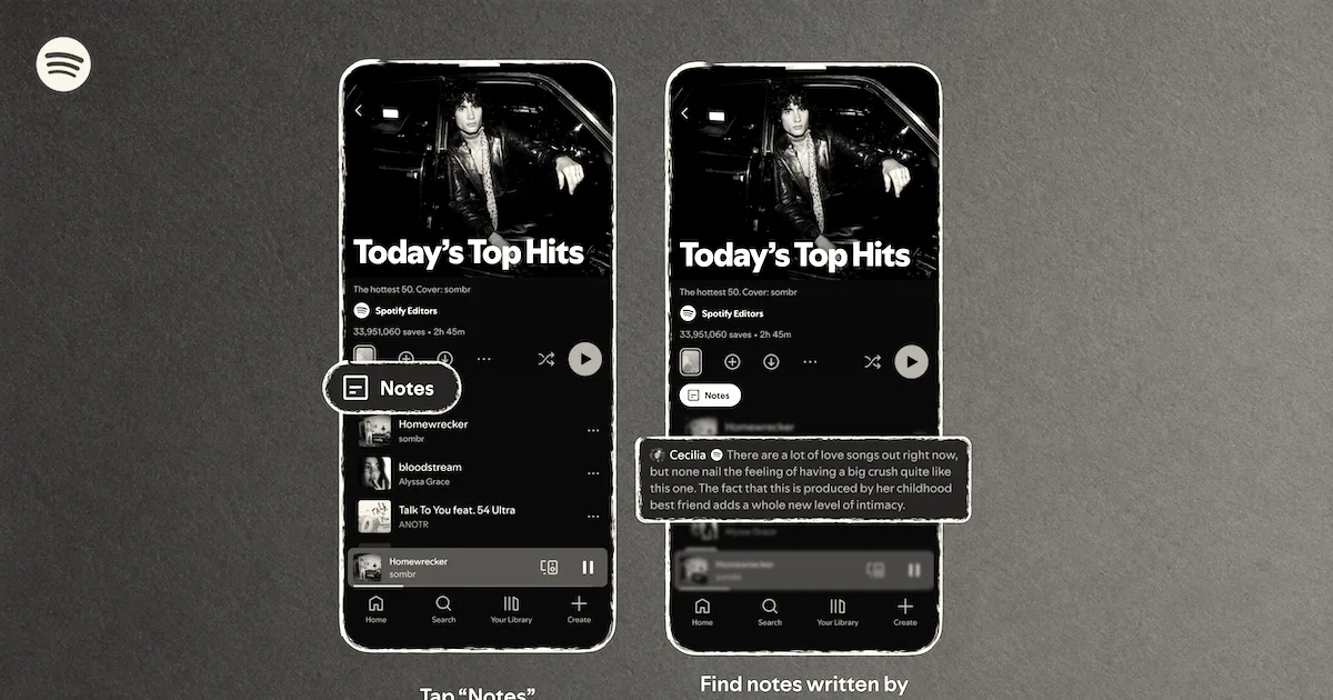 Screenshots of the Spotify mobile app demonstrating the new Playlist Notes feature on an orange background.