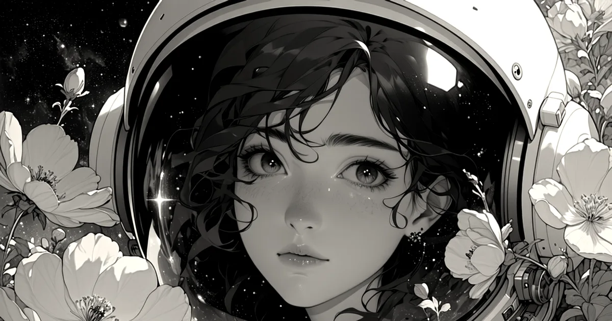 An anime-style astronaut with dark hair looking forward inside a space helmet surrounded by orange flowers.
