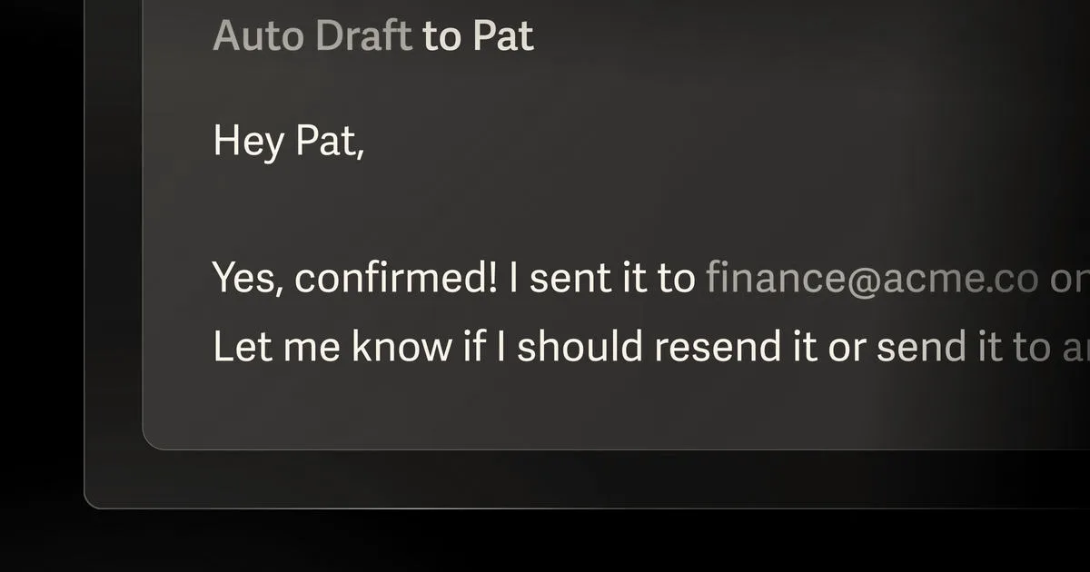 A screenshot showing Superhuman's auto-draft feature interface with a suggested reply to Pat.