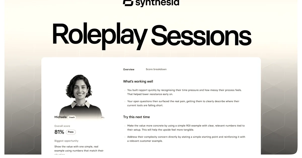 A screenshot of the Synthesia Roleplay Sessions software showing an overview with assessment scores and coaching tips.