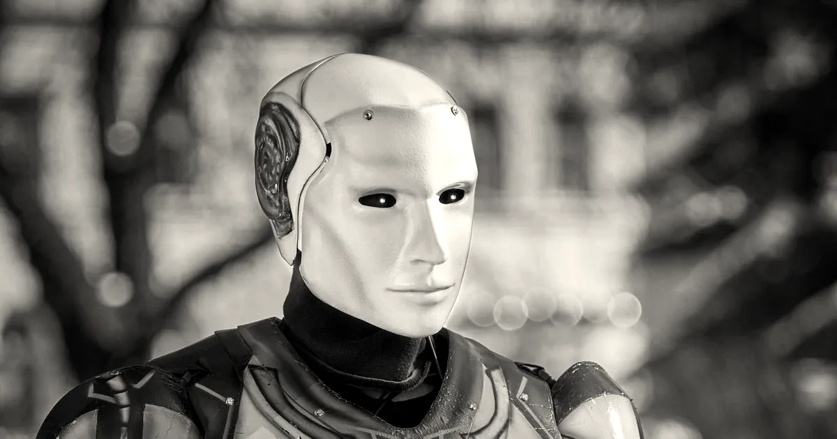 Close-up of a futuristic white and blue humanoid robot head with glowing blue eyes