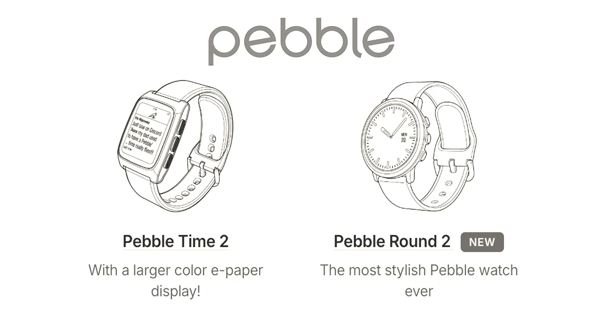Sketches of the Pebble Time 2 and Pebble Round 2 smartwatches with red Pebble logo above.