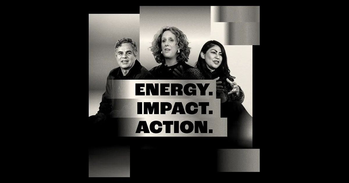 Promotional graphic for Climate Week featuring three panel speakers and bold text reading Energy, Impact, Action.