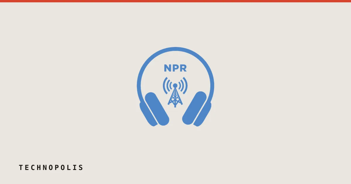 Blue NPR headphones and broadcast tower logo displayed against a dark blue background