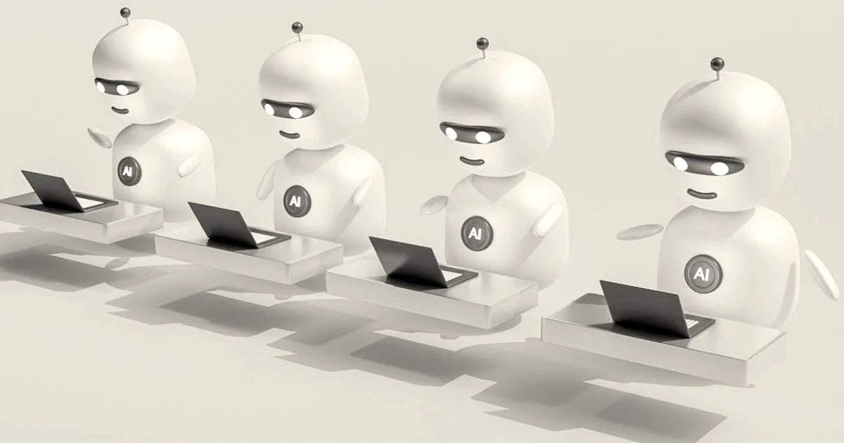 Row of 3D-rendered white humanoid robots with AI badges sitting at desks using laptops