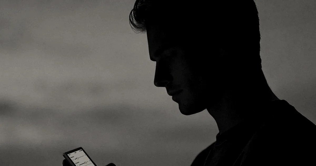 A person holds a small e-reader device displaying text outdoors in twilight.