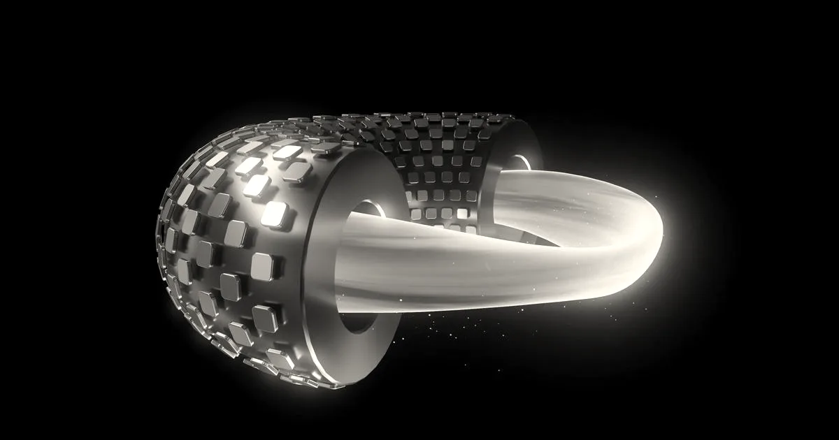 A 3D rendering of a metallic stellarator magnet coil confining a glowing green loop of plasma.