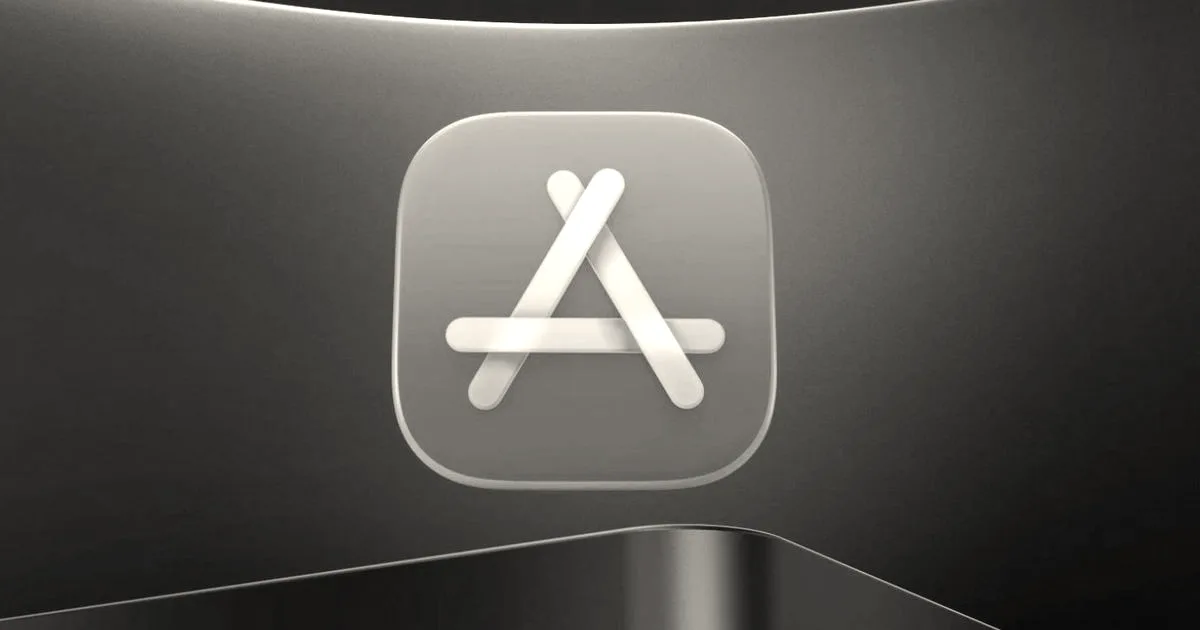 The Apple App Store logo displayed against a vibrant blue abstract background.