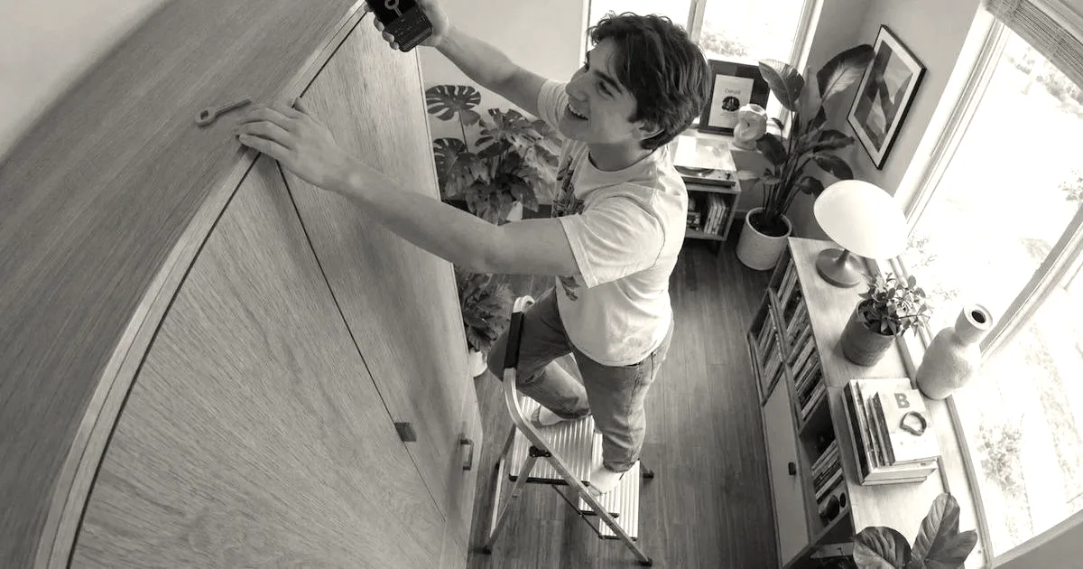 A young man standing on a stepladder while holding a smartphone and reaching for the top of a large wooden cabinet.