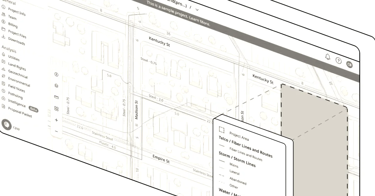 3D diagram illustrating CivilGrid's underground utility mapping platform and data layers on a laptop screen.