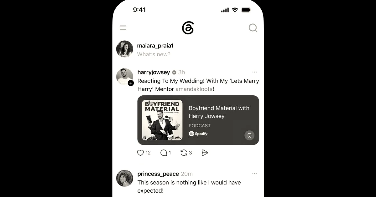 Smartphone mockup displaying a Threads post featuring an embedded Spotify podcast player card.