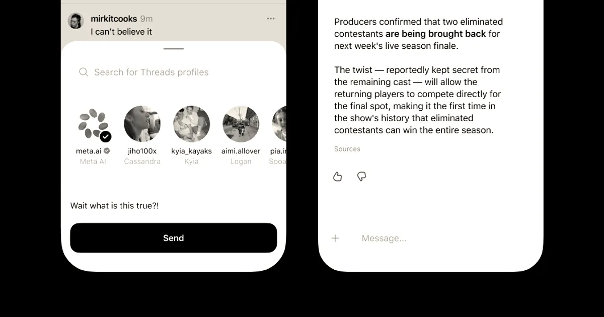 Two mobile phone screens showing the Threads app interface and a direct message chat with Meta AI.