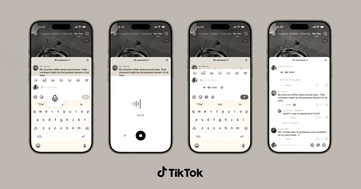 Four smartphone screens showing the step-by-step process of recording and posting a voice comment on TikTok.