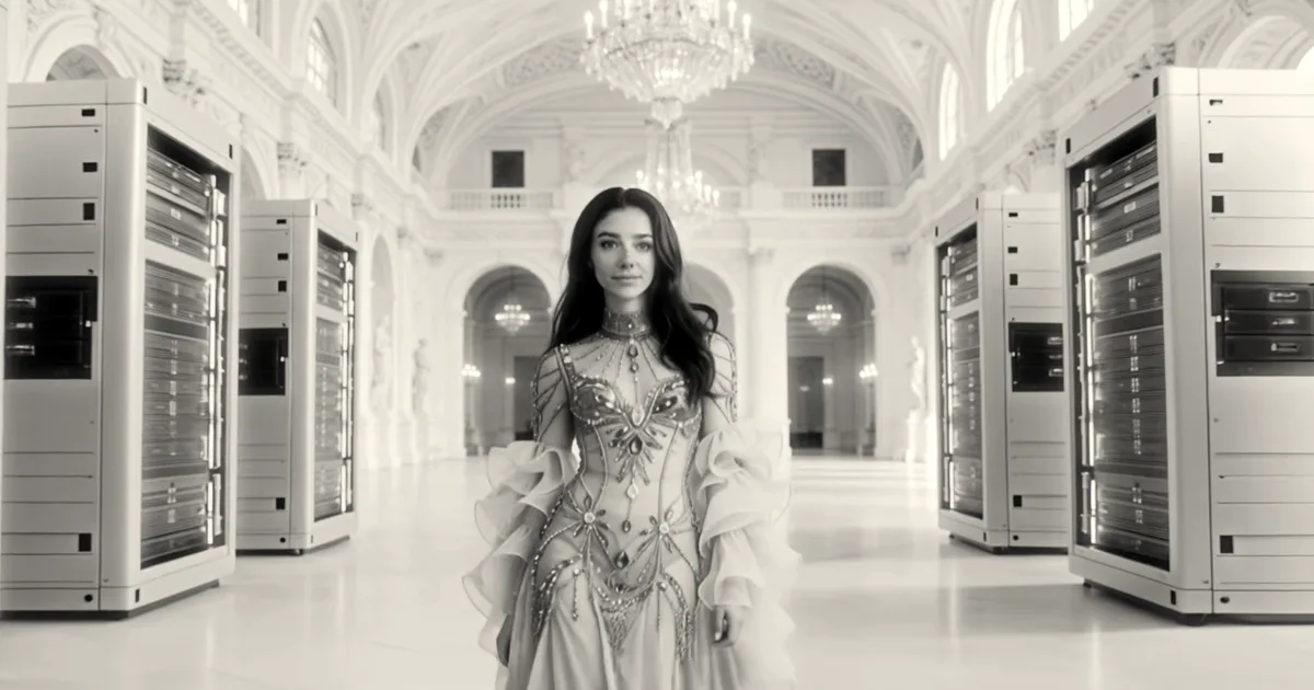 An AI-generated woman in a blue gown stands between server racks in a classical ornate hall.