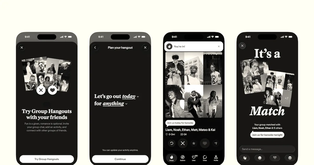 Screenshots illustrating Tinder's Group Hangouts feature displayed on smartphone screens against a pink backdrop.
