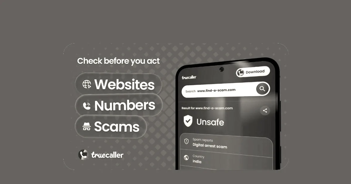 Truecaller promotional graphic showing a smartphone interface flagging a scam website on a blue patterned background.