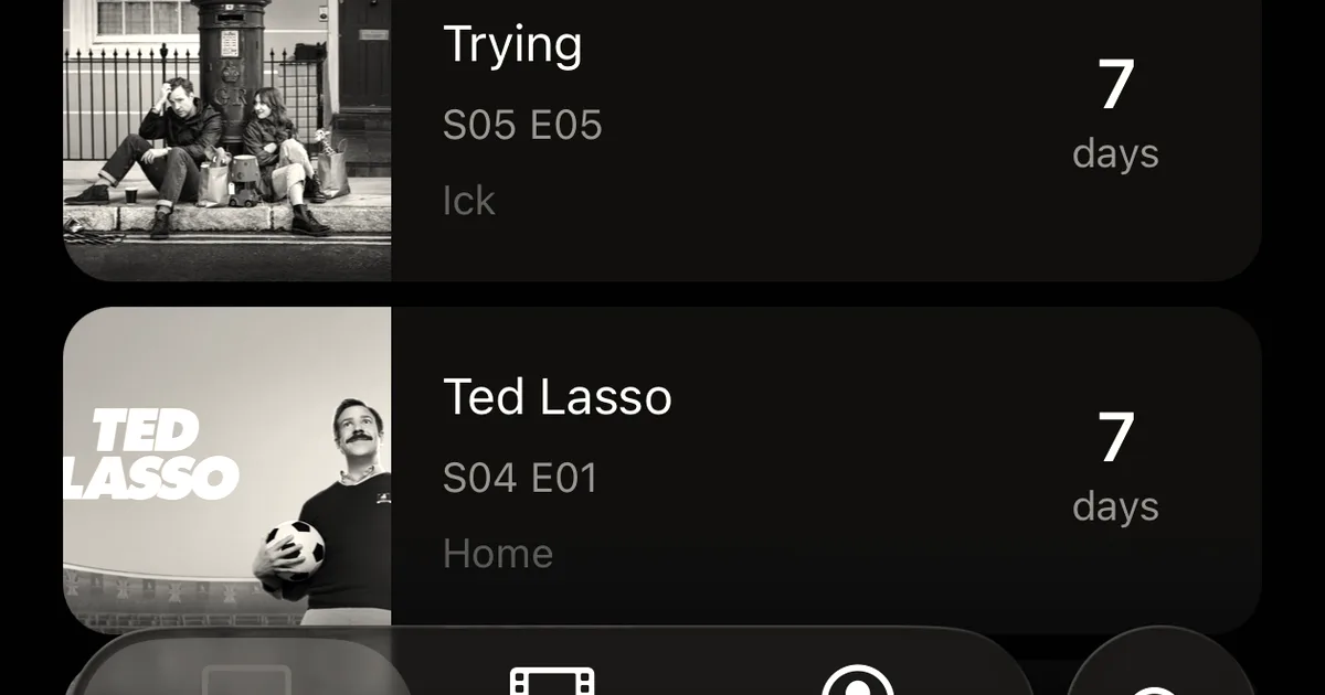 A smartphone interface displaying a TV tracking schedule with upcoming show episodes including Bleach and Ted Lasso.