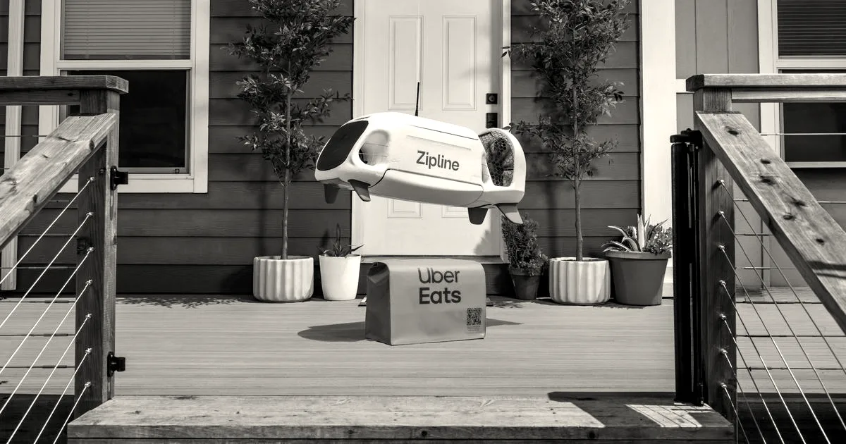 A white Zipline drone hovering over a wooden patio delivering a green Uber Eats package outside a home.