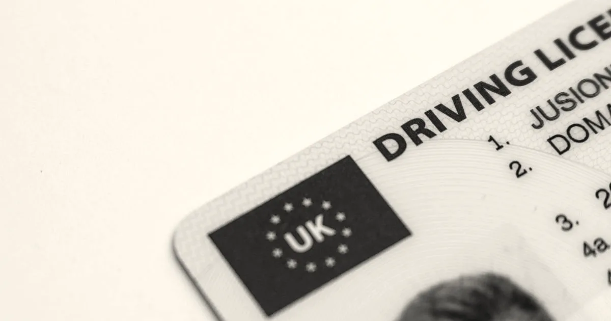 Detailed photo of a UK driving license showcasing EU flag and identity features.