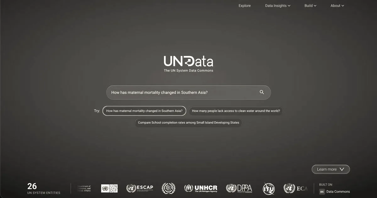 UNdata web interface displayed on a blue background showing the search bar and United Nations agency logos