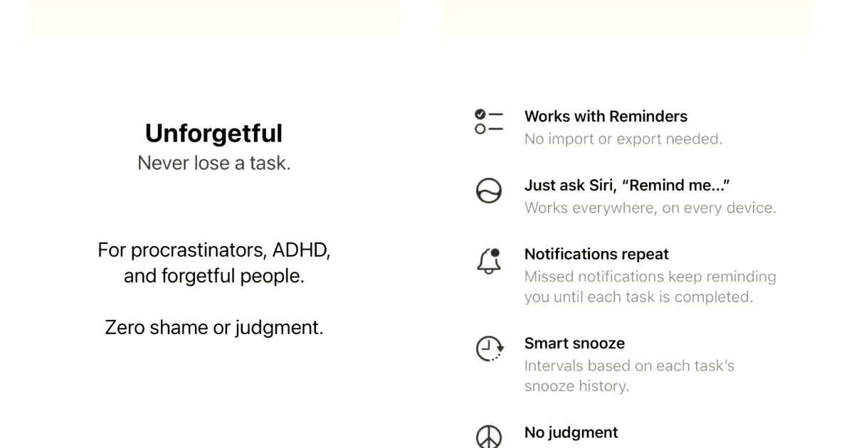 Screenshots of the Unforgetful app interface outlining its features and reminder options.