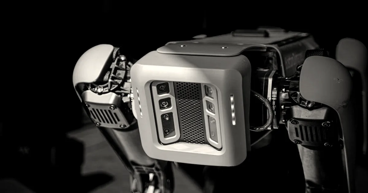 Close-up of a yellow Boston Dynamics Spot robot dog showing front cameras and sensors.
