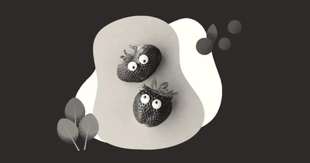 Playful illustration featuring strawberries with googly eyes set against pink and green abstract graphic shapes.