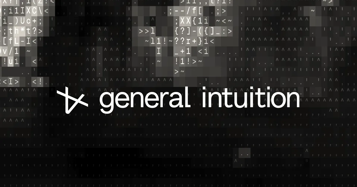 The General Intuition company wordmark logo against a dark blue digital code pattern background.