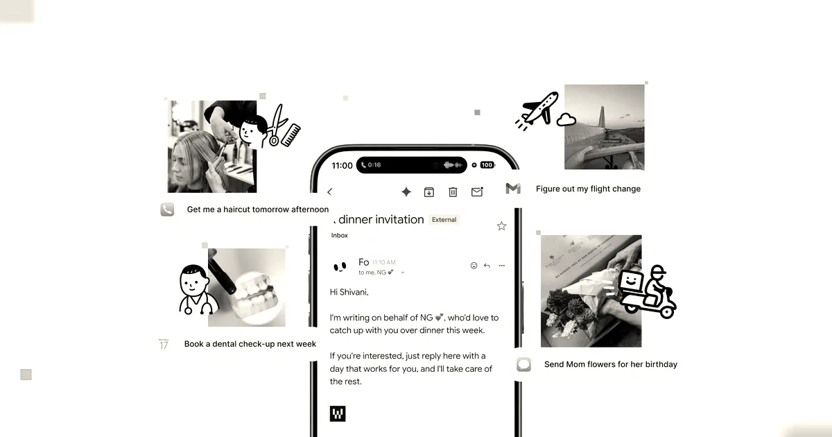 Smartphone displaying a digital assistant email interface surrounded by task icons and photos representing daily errands.