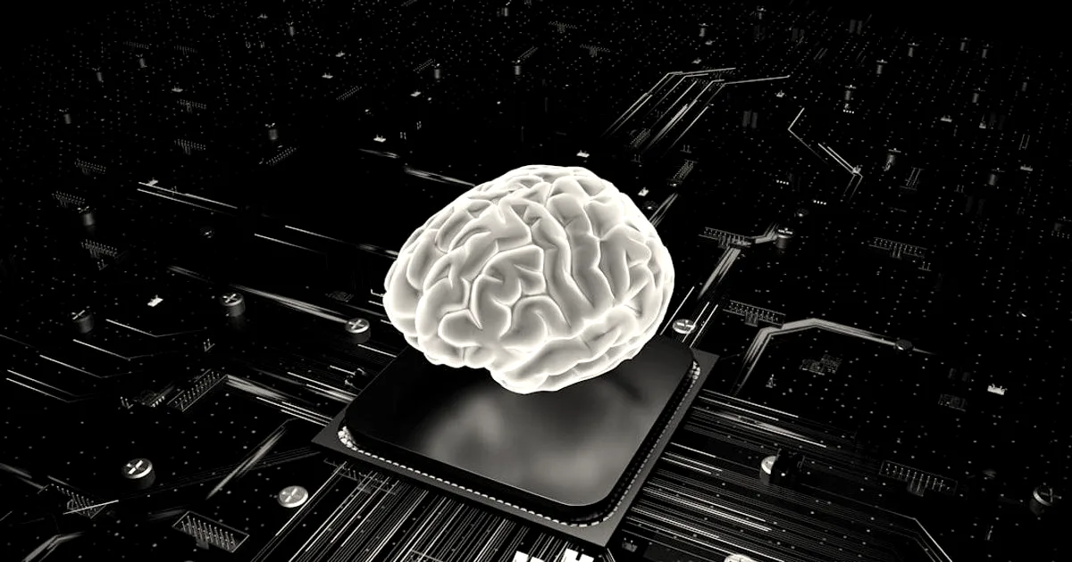 A glowing digital brain resting on a computer processor chip set on a dark circuit board