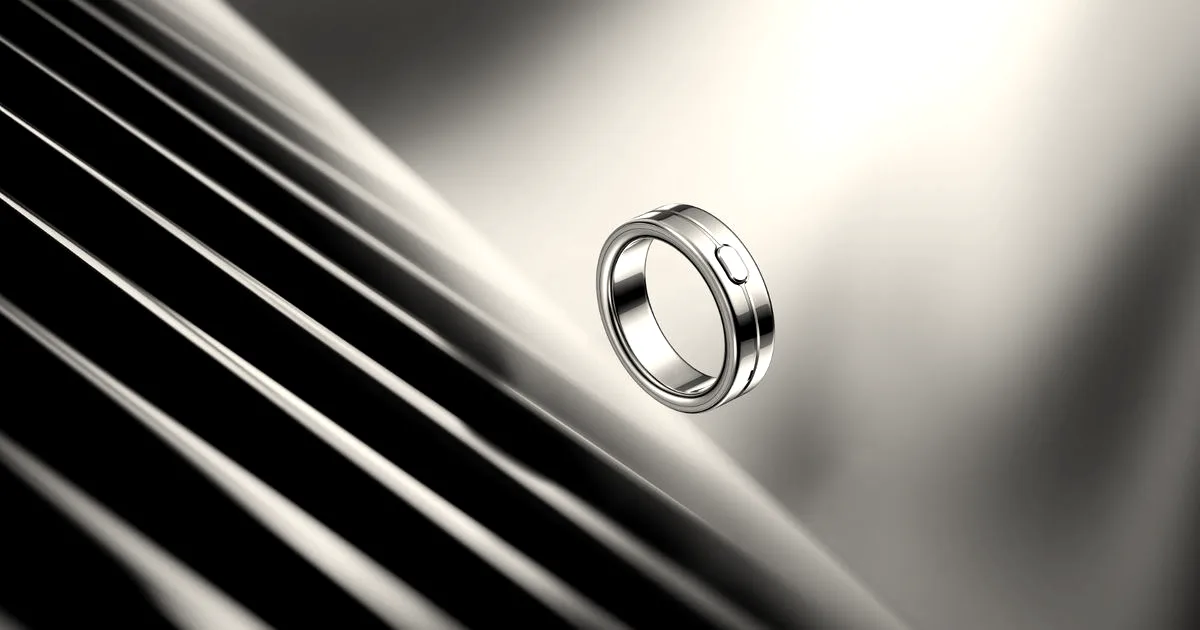 A sleek silver smart ring floating diagonally against a dramatic gray and black abstract background.