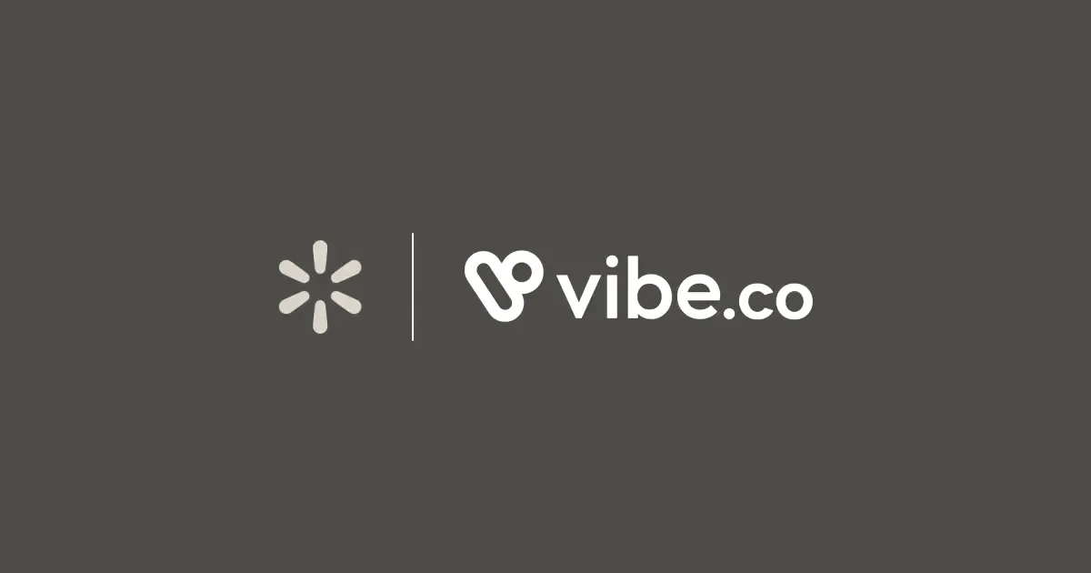 Walmart spark emblem next to the Vibe.co wordmark on a bright blue background