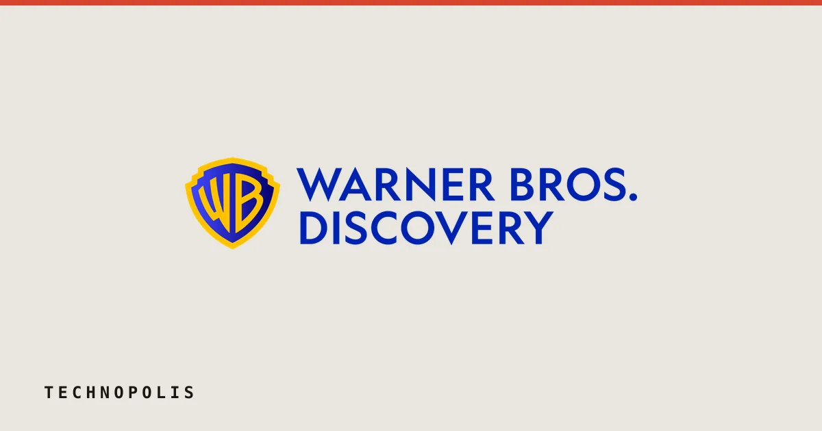 Warner Bros. Discovery logo with the classic shield emblem and bold blue typography on a dark background.