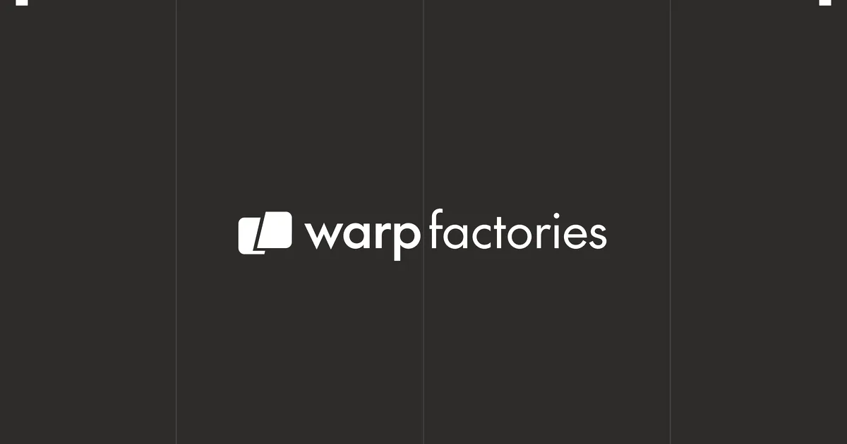The Warp logo and 'warp factories' text centered on a vibrant blue background with subtle grid markings.