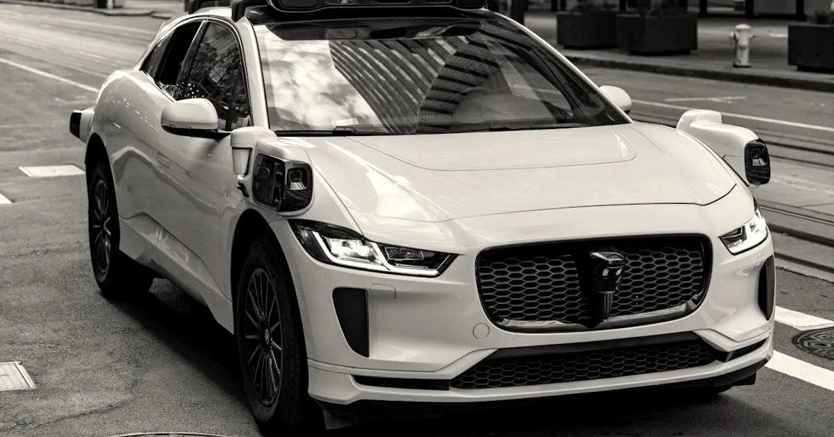 A white Waymo self-driving Jaguar I-Pace vehicle equipped with sensors navigating a city street.